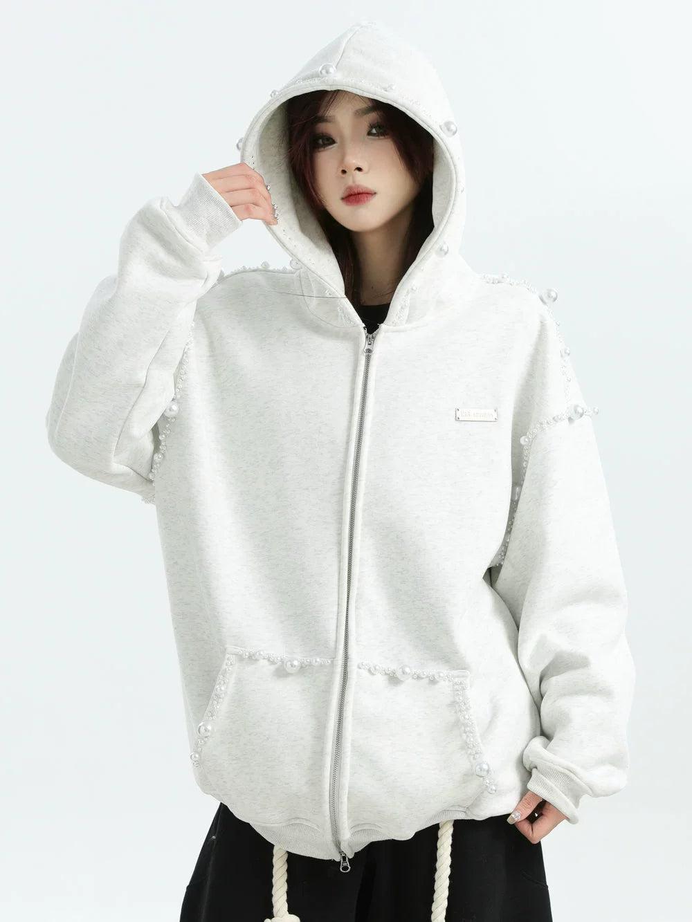 Irregular Pearl Detail Zip-Up Hoodie Korean Street Fashion Hoodie By INS Korea Shop Online at OH Vault