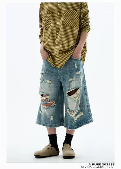 Distressed & Ripped Denim Shorts Korean Street Fashion Shorts By A PUEE Shop Online at OH Vault