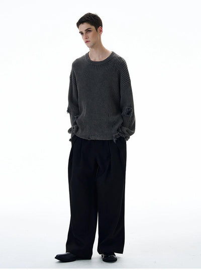 Distressed Textured Round Neck Sweater Korean Street Fashion Sweater By 77Flight Shop Online at OH Vault
