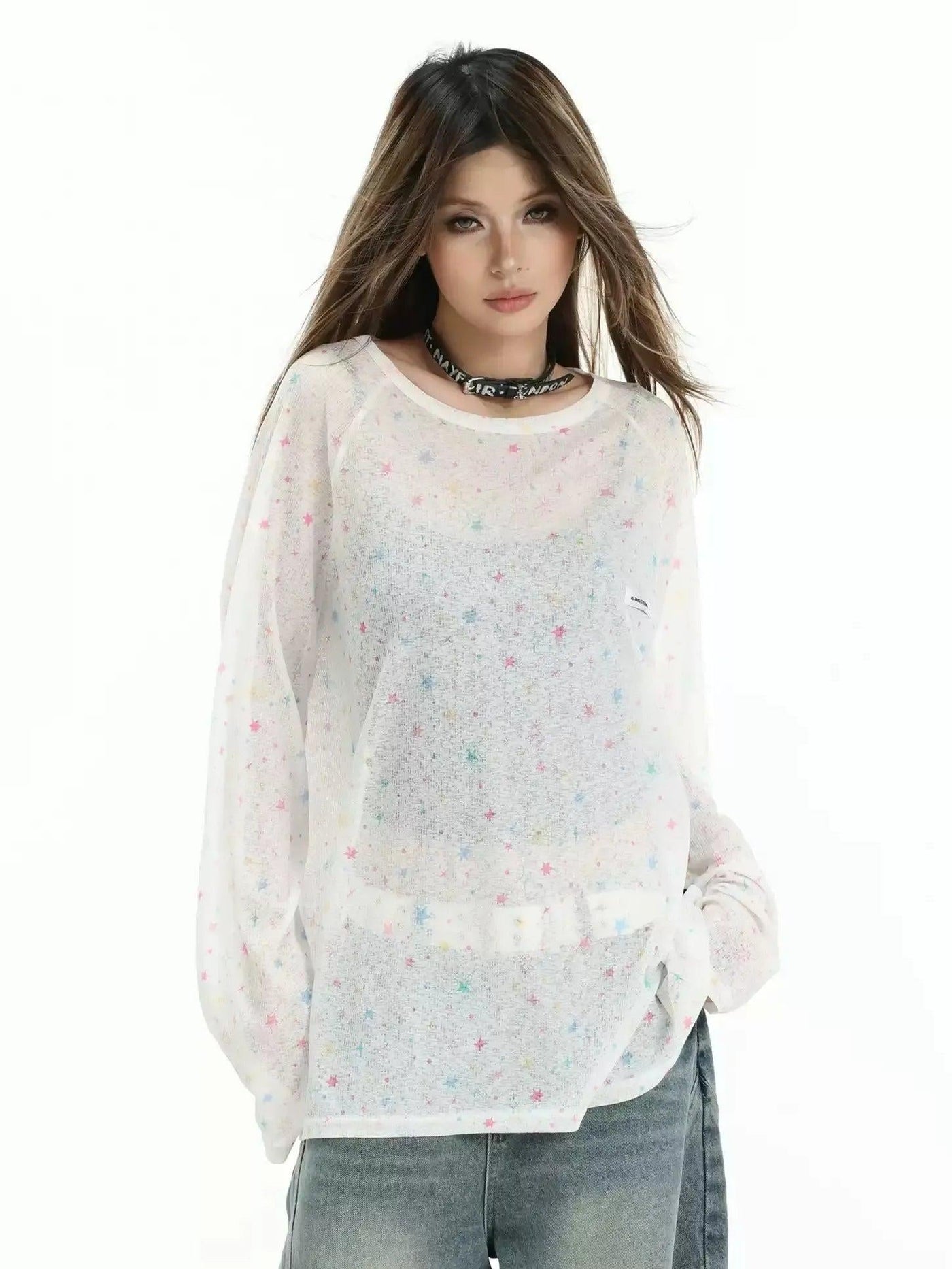 Scattered Stars Sheer Long Sleeve T-Shirt Korean Street Fashion T-Shirt By INS Korea Shop Online at OH Vault