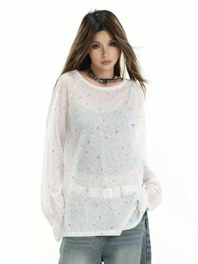Scattered Stars Sheer Long Sleeve T-Shirt Korean Street Fashion T-Shirt By INS Korea Shop Online at OH Vault