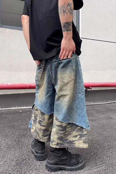 Camouflage Layer Ripped Denim Shorts Korean Street Fashion Shorts By Dark Fog Shop Online at OH Vault