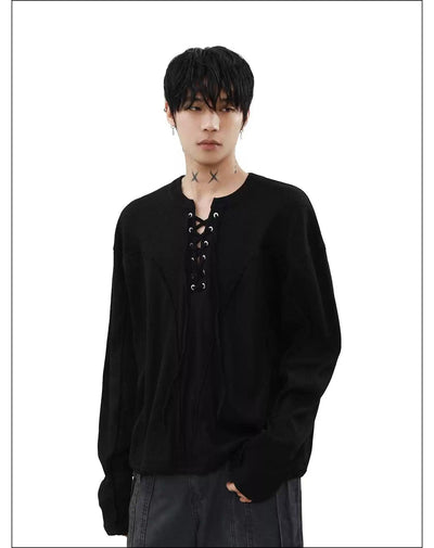 Lace-Up Knitted Long Sleeve T-Shirt Korean Street Fashion T-Shirt By Mr Nearly Shop Online at OH Vault