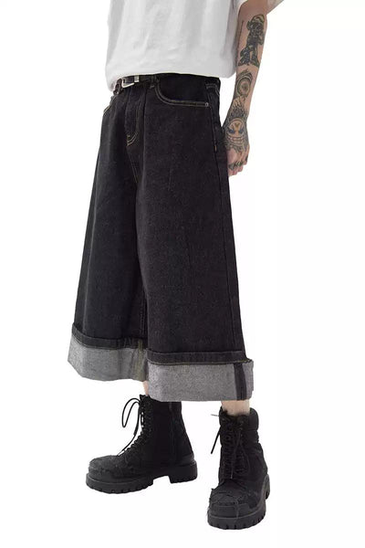 Wide Folded Ends Denim Shorts Korean Street Fashion Shorts By Ash Dark Shop Online at OH Vault