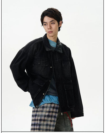 Flap Pocket Spliced Collar Denim Jacket Korean Street Fashion Jacket By 77Flight Shop Online at OH Vault