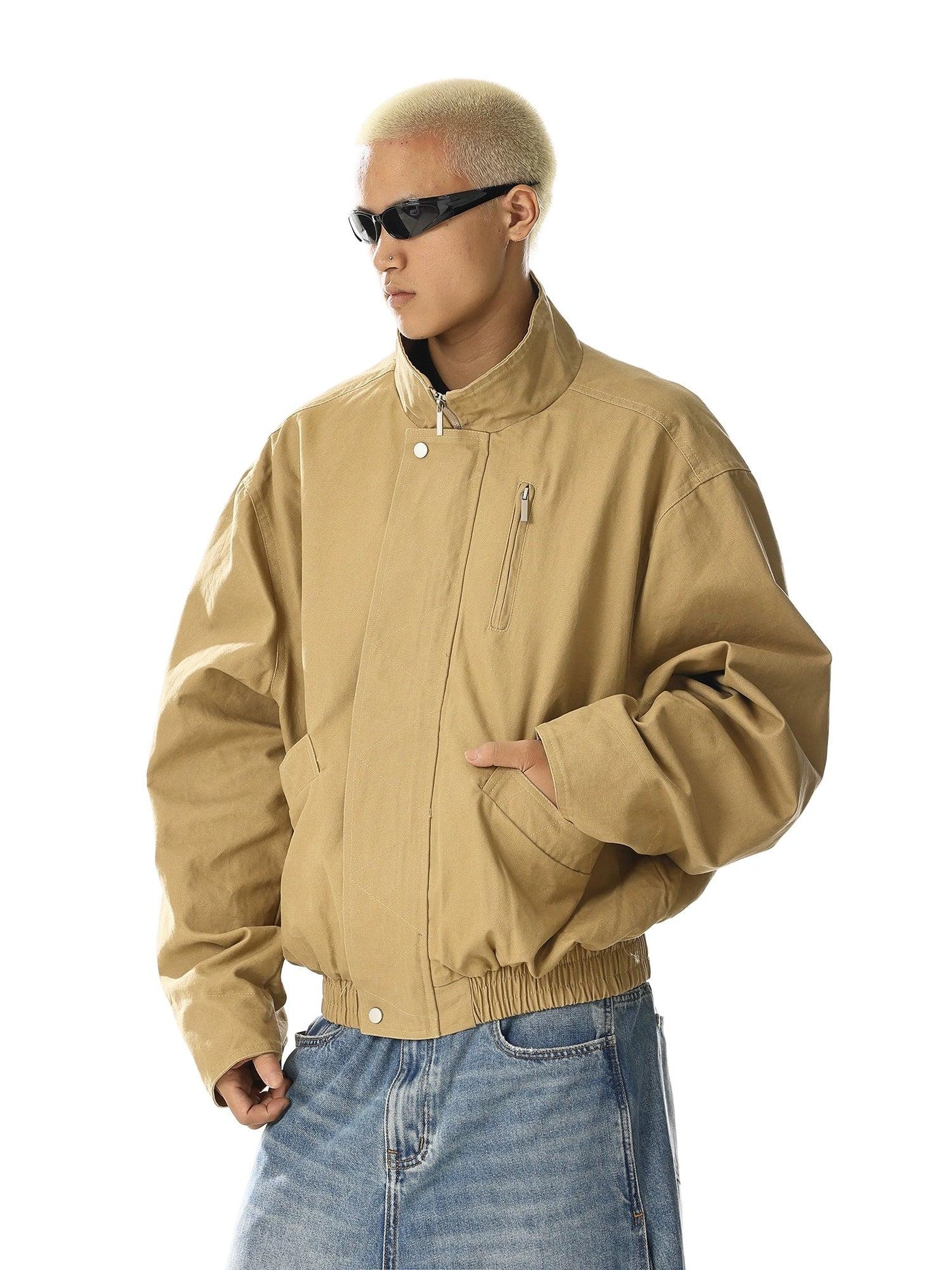 Stand Collar Ruched Hem Jacket Korean Street Fashion Jacket By MEBXX Shop Online at OH Vault