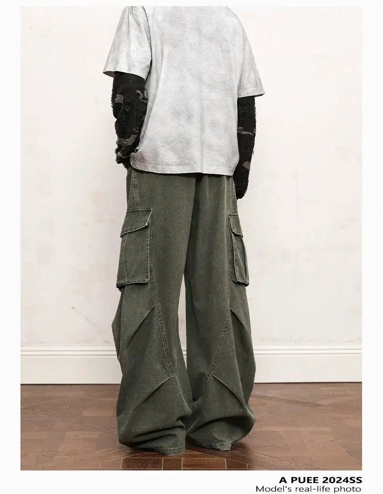 Faded Pleats Wide Cargo Pants Korean Street Fashion Pants By A PUEE Shop Online at OH Vault