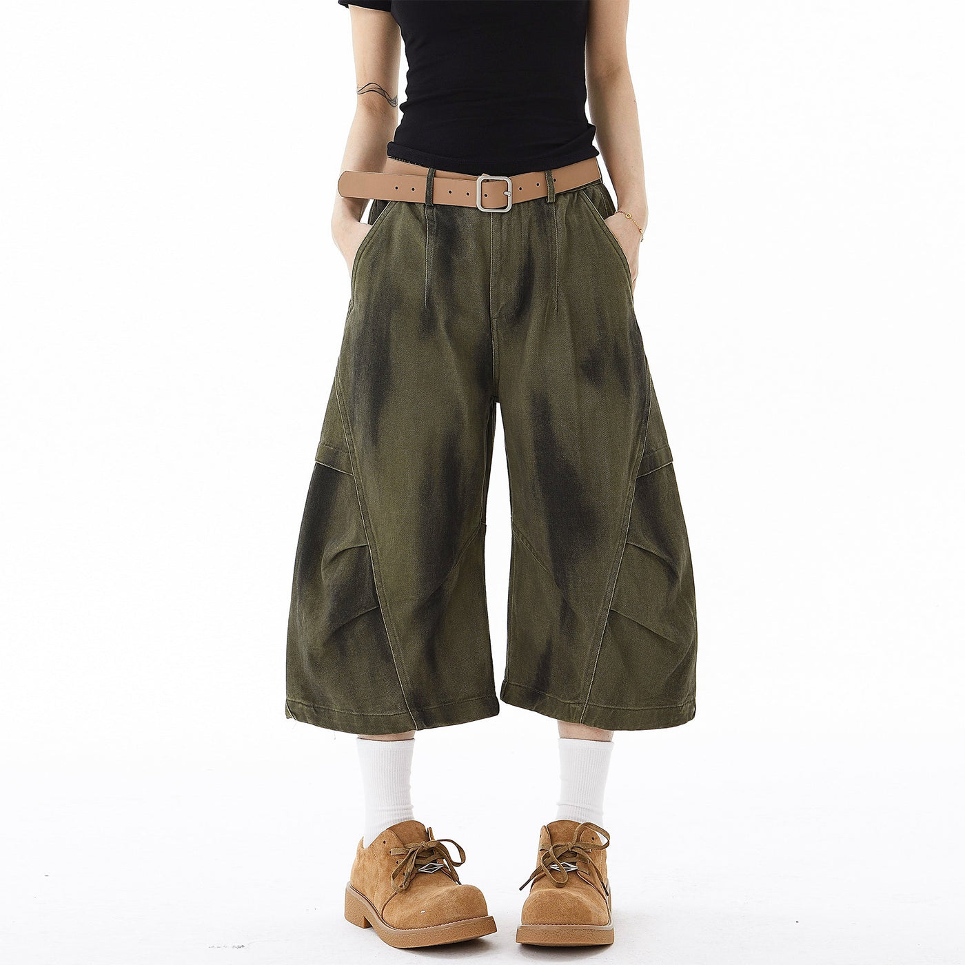 Smudged Detail Pleated Cargo Shorts Korean Street Fashion Shorts By Blacklists Shop Online at OH Vault