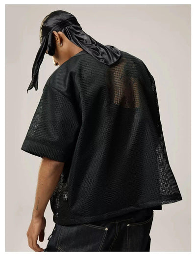 Embroidered Mesh Collarless Shirt Korean Street Fashion Shirt By Remedy Shop Online at OH Vault