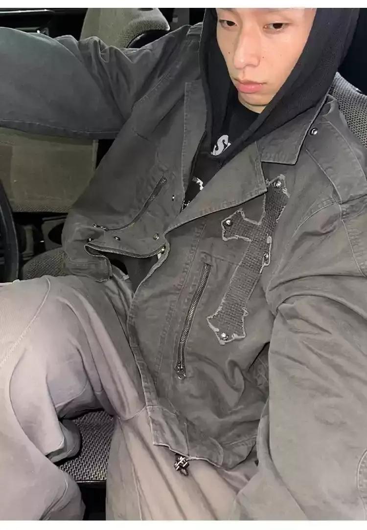 Cross Patched Distressed Denim Jacket Korean Street Fashion Jacket By Pioneer of Heroism Shop Online at OH Vault