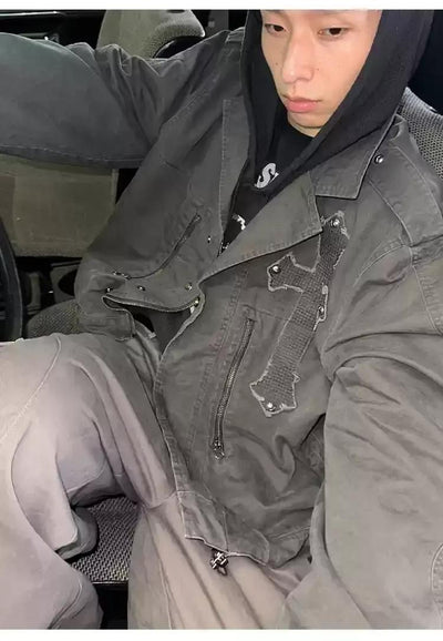 Cross Patched Distressed Denim Jacket Korean Street Fashion Jacket By Pioneer of Heroism Shop Online at OH Vault