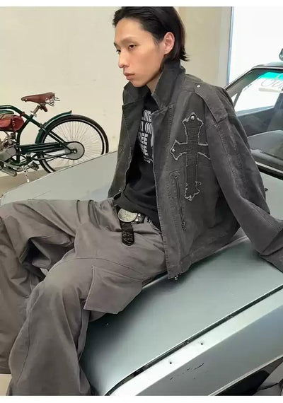 Cross Patched Distressed Denim Jacket Korean Street Fashion Jacket By Pioneer of Heroism Shop Online at OH Vault