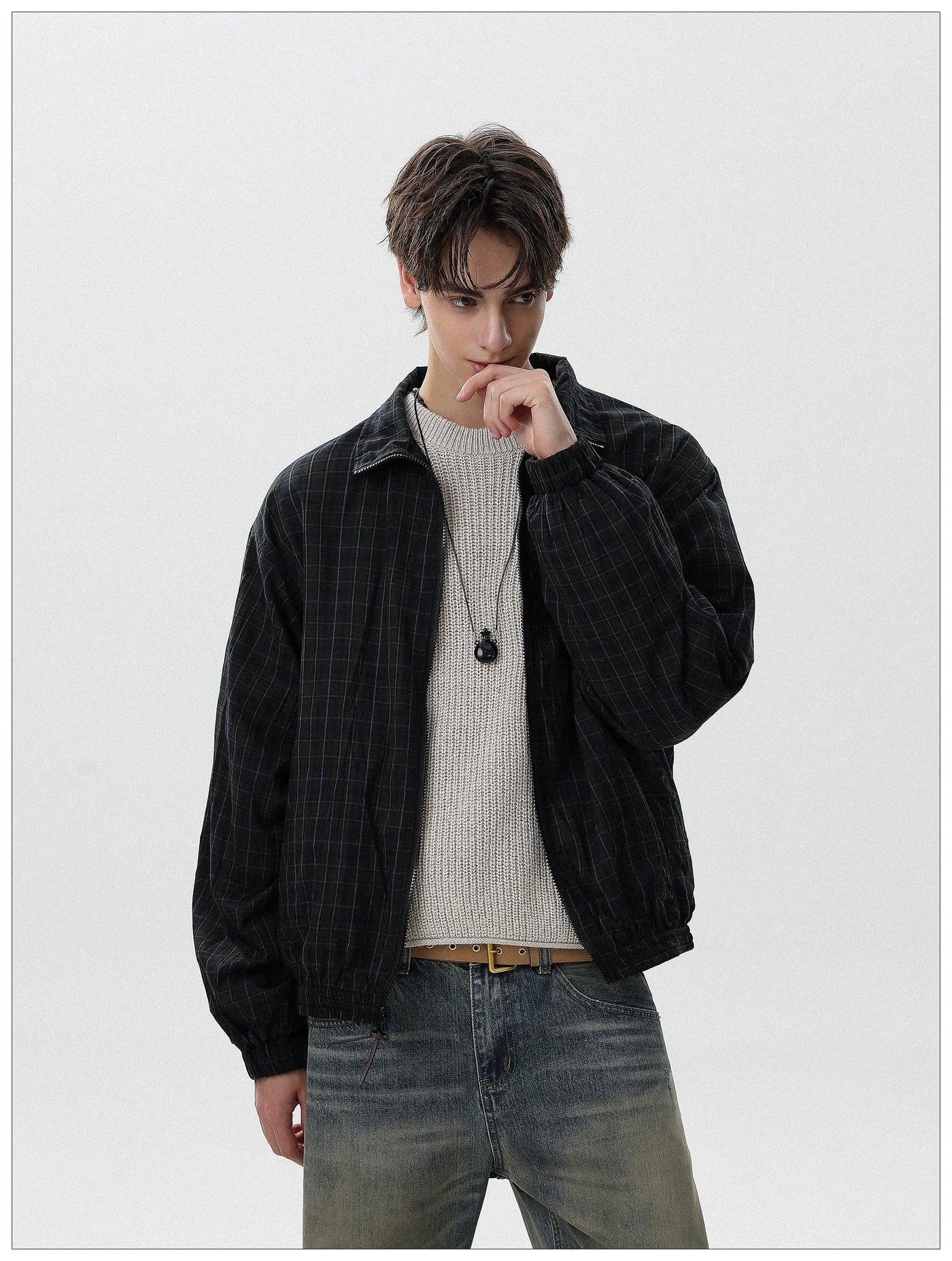 Clean Fit Checked Full-Zip Jacket Korean Street Fashion Jacket By Mr Nearly Shop Online at OH Vault