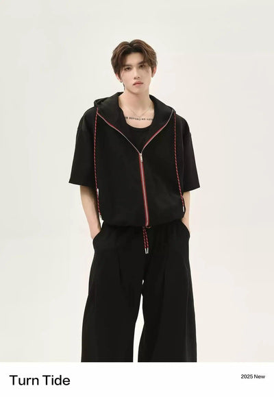 Contrast Drawstring Zipped Hoodie & Pleated Sweatpants Set Korean Street Fashion Clothing Set By Turn Tide Shop Online at OH Vault