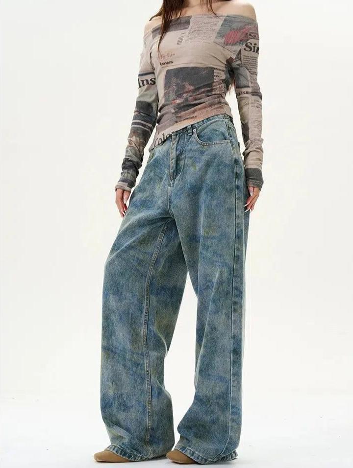 Bleach Wash Pattern Jeans Korean Street Fashion Jeans By 77Flight Shop Online at OH Vault