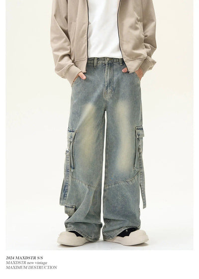 Faded Strap Detail Cargo Jeans Korean Street Fashion Jeans By MaxDstr Shop Online at OH Vault