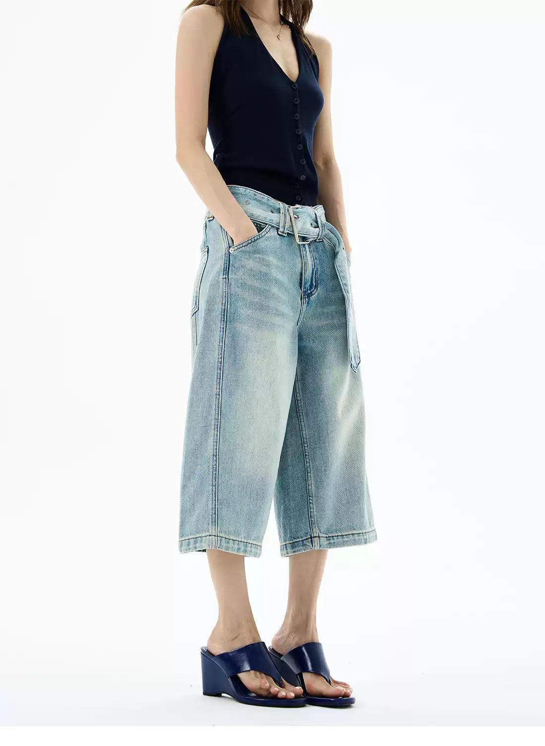 Wide Belt Strap Denim Shorts Korean Street Fashion Shorts By 77Flight Shop Online at OH Vault