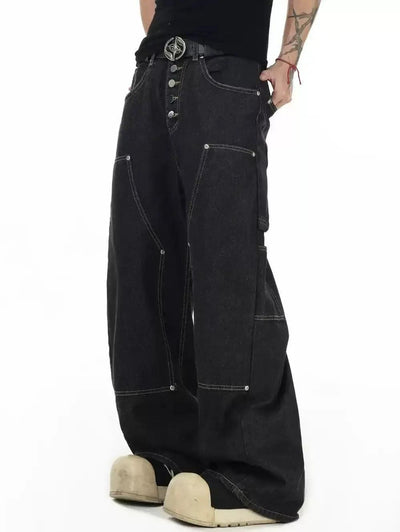 Stitched Outlines Straight Leg Jeans Korean Street Fashion Jeans By INS Korea Shop Online at OH Vault