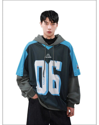 Drawstring Contrast Mesh Layered Hoodie Korean Street Fashion Hoodie By Mr Nearly Shop Online at OH Vault