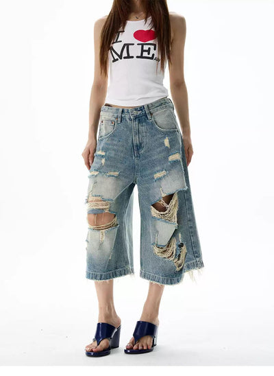 Extra Distressed Denim Shorts Korean Street Fashion Shorts By 77Flight Shop Online at OH Vault