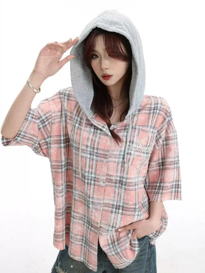 Spliced Hoodie Plaid Shirt Korean Street Fashion Shirt By INS Korea Shop Online at OH Vault
