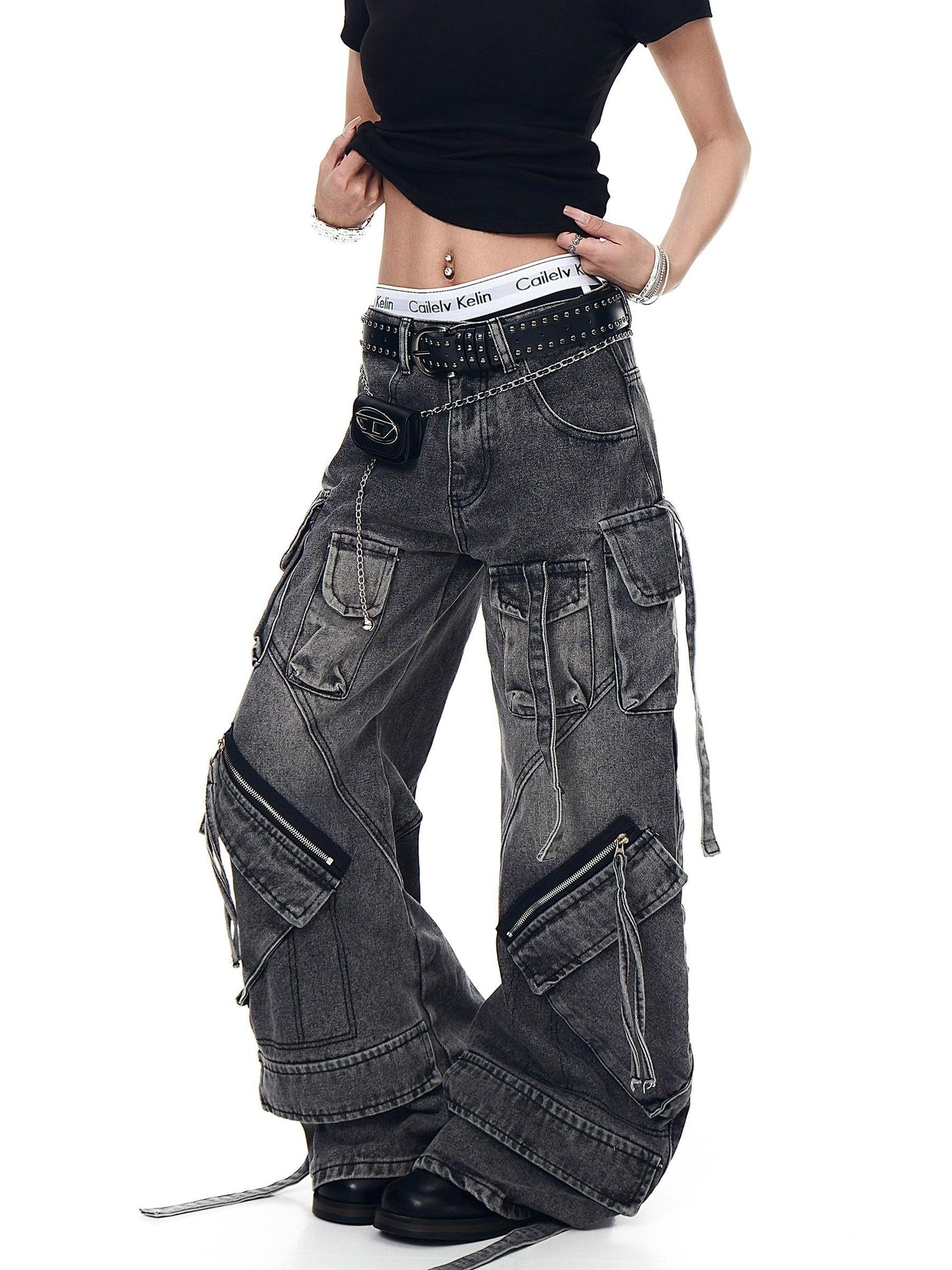 Tilted and Strapped Pockets Jeans Korean Street Fashion Jeans By Blacklists Shop Online at OH Vault