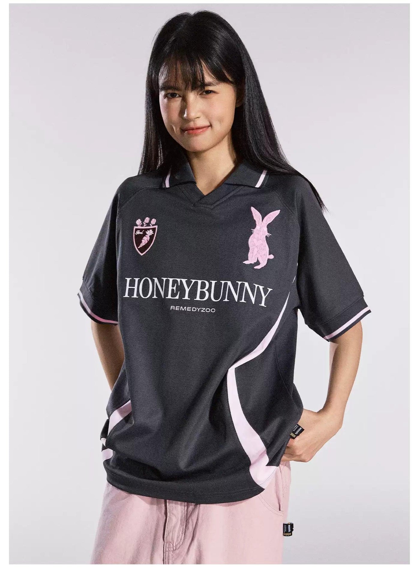 Embroidered Logo Print V-Neck Polo Korean Street Fashion Polo By Remedy Shop Online at OH Vault