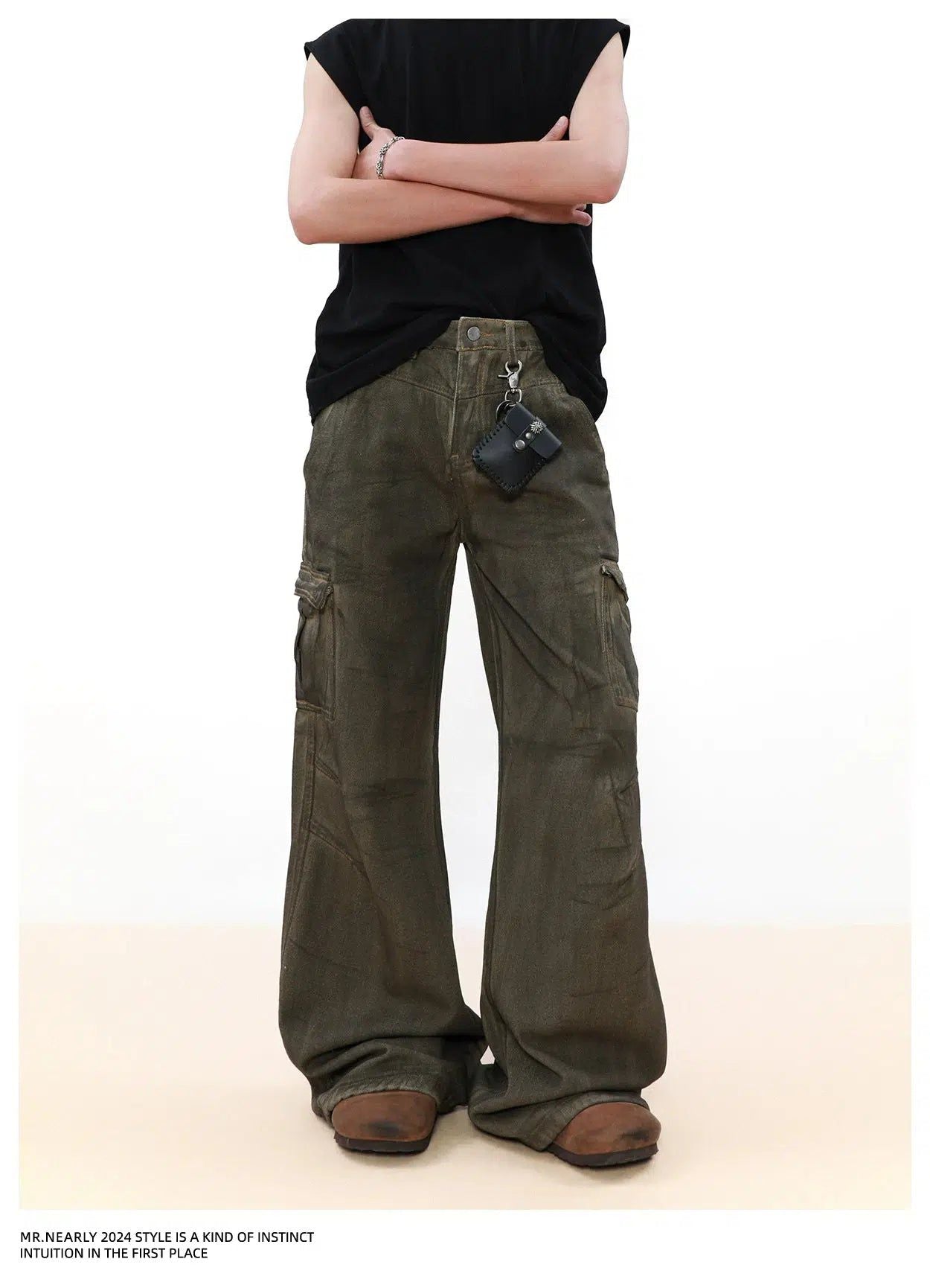 Charcoal Washed Wide Cargo Jeans Korean Street Fashion Jeans By Mr Nearly Shop Online at OH Vault