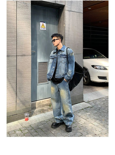 Washed Denim Jacket & Distressed Jeans Set Korean Street Fashion Clothing Set By Poikilotherm Shop Online at OH Vault