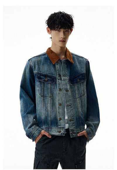 Contrast Collar Faded Denim Jacket Korean Street Fashion Jacket By A PUEE Shop Online at OH Vault