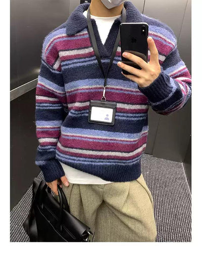 Striped Collared V-Neck Sweater Korean Street Fashion Sweater By Poikilotherm Shop Online at OH Vault