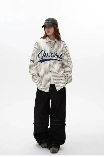 Striped Letters Loose Fit Shirt Korean Street Fashion Shirt By Apocket Shop Online at OH Vault