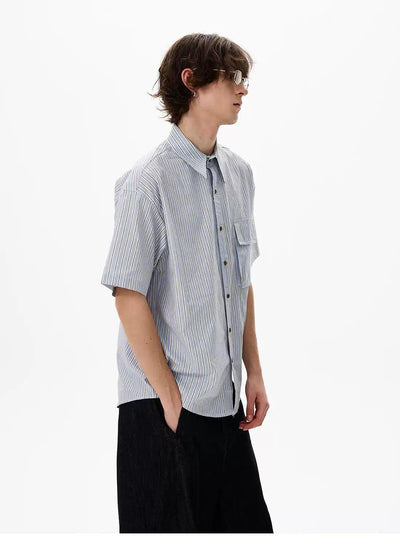 Front Flap Pocket Striped Shirt Korean Street Fashion Shirt By 77Flight Shop Online at OH Vault