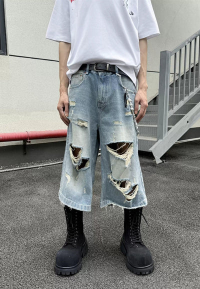 Distressed Emphasis Wide Denim Shorts Korean Street Fashion Shorts By Ash Dark Shop Online at OH Vault