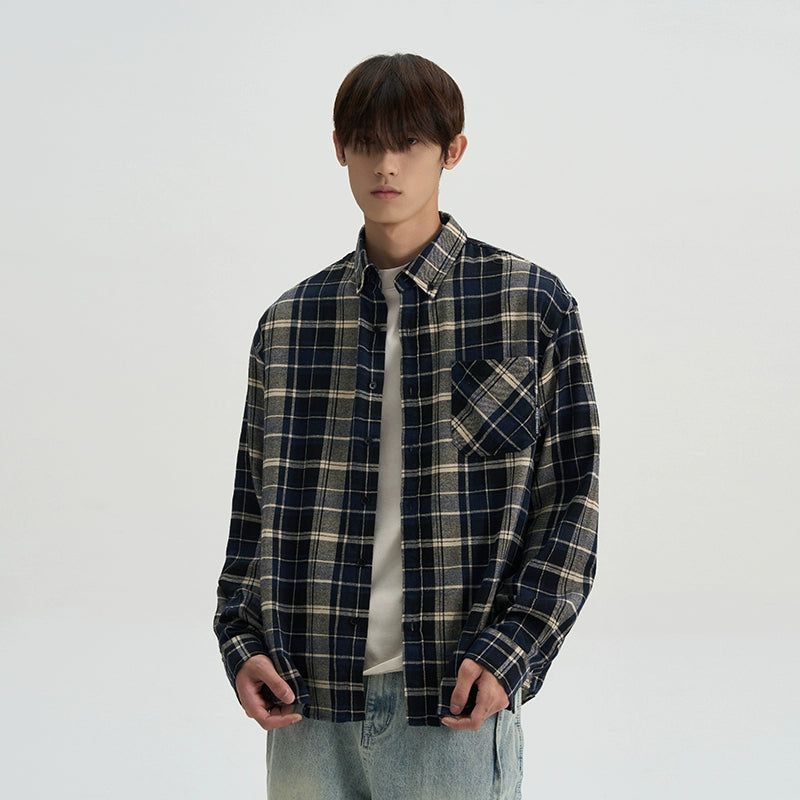 Regular Plaid Pattern Buttoned Shirt Korean Street Fashion Shirt By A PUEE Shop Online at OH Vault