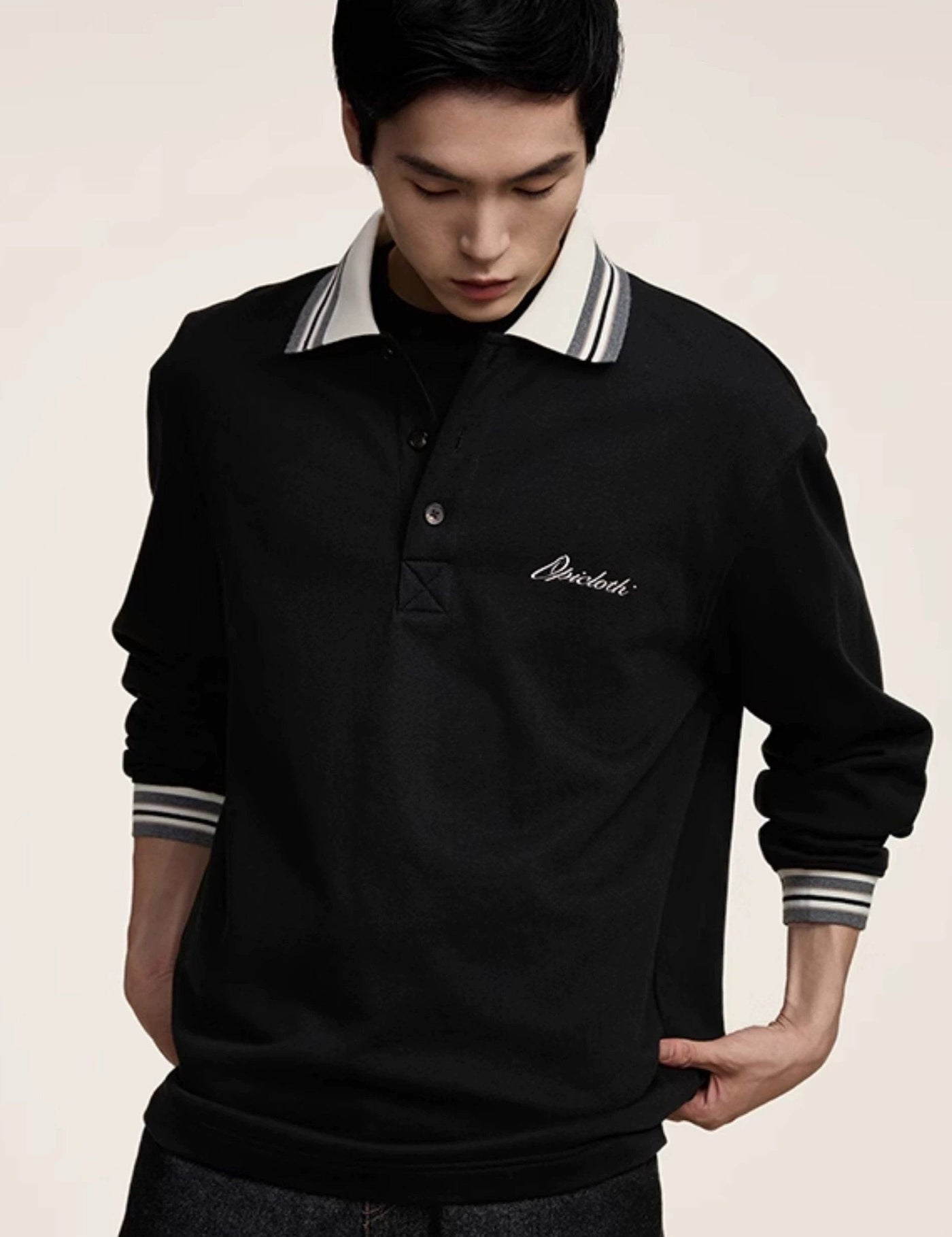 Striped Collar Long Sleeves Polo