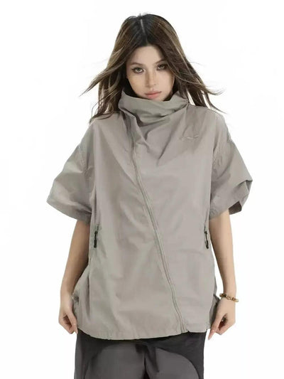 Asymmetic Zipped Stand Collar S/S Jacket Korean Street Fashion Shirt By INS Korea Shop Online at OH Vault