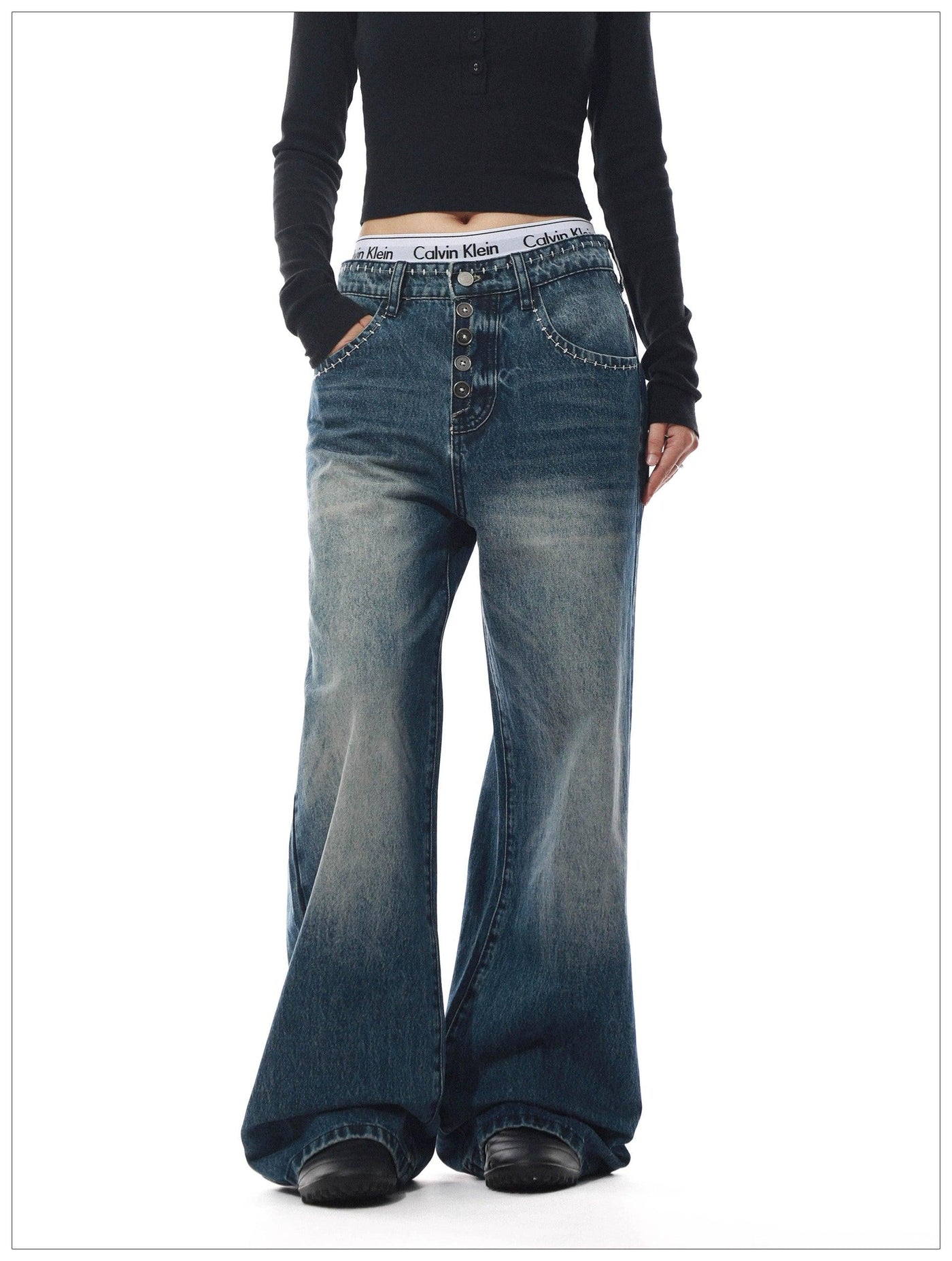 Washed Button-Down Flared Jeans Korean Street Fashion Jeans By Mr Nearly Shop Online at OH Vault