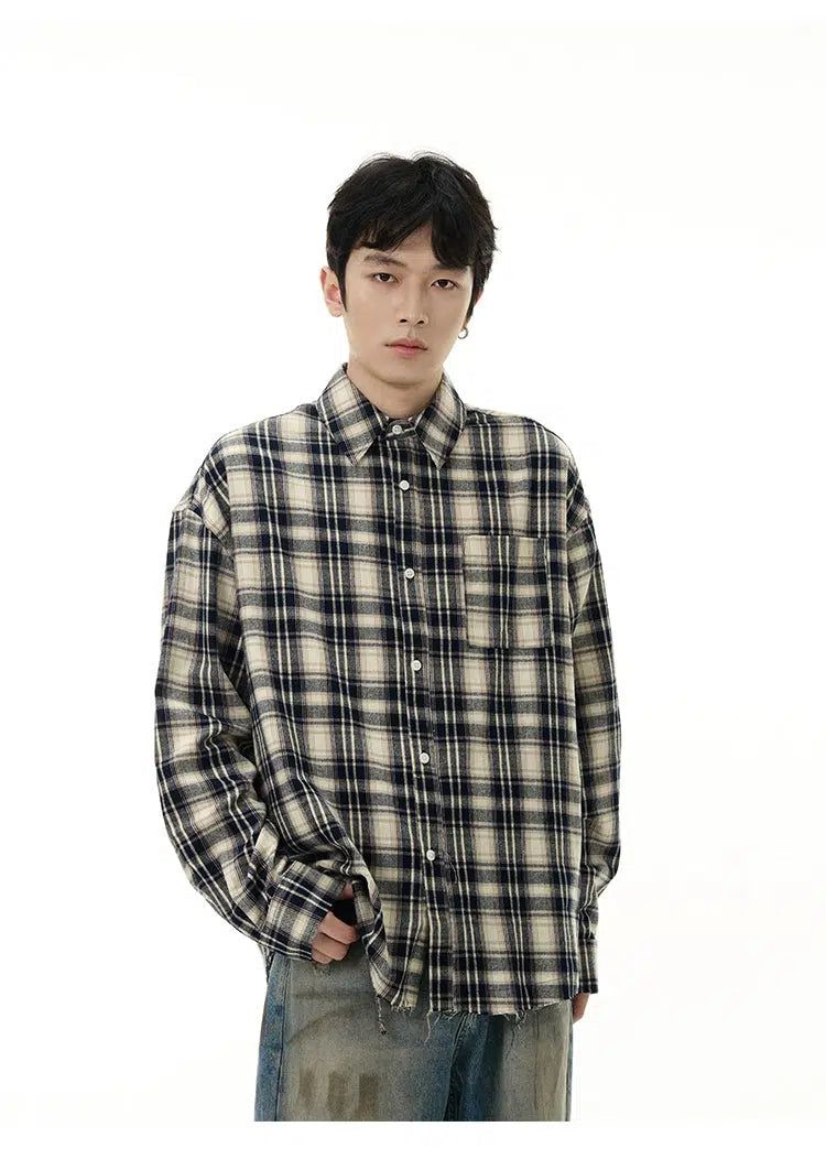 Raw Edge Plaid Shirt Korean Street Fashion Shirt By 77Flight Shop Online at OH Vault