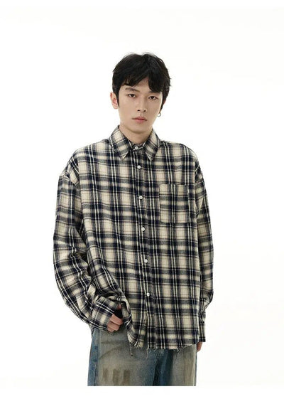 Raw Edge Plaid Shirt Korean Street Fashion Shirt By 77Flight Shop Online at OH Vault