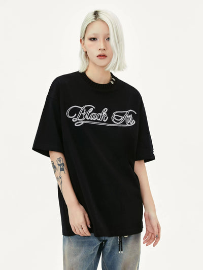 Embroidered Ribbed Collarband T-Shirt Korean Street Fashion T-Shirt By Made Extreme Shop Online at OH Vault