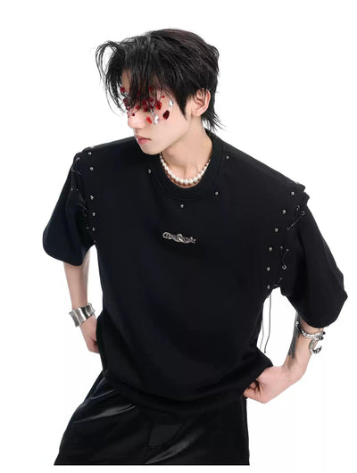 Spliced & Beaded Sleeve T-Shirt Korean Street Fashion T-Shirt By Argue Culture Shop Online at OH Vault