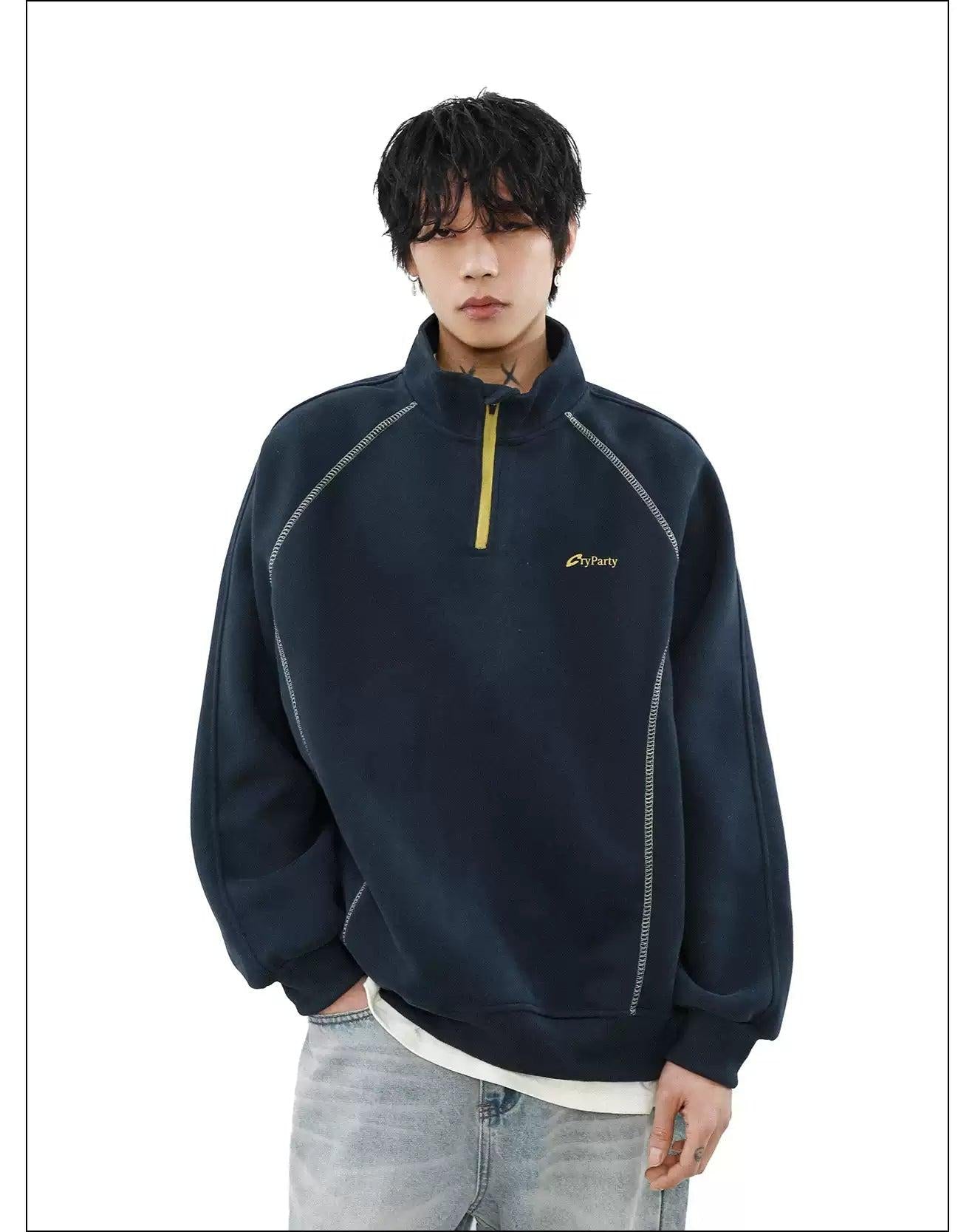 Stitched Detail Casual Fit Half-Zip Korean Street Fashion Half-Zip By Mr Nearly Shop Online at OH Vault