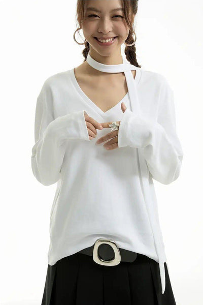 Neck Strap and V-Neck Long Sleeve T-Shirt Korean Street Fashion T-Shirt By Funky Fun Shop Online at OH Vault