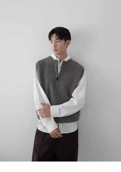 Half-Zipped Vest Layered L/S Shirt Korean Street Fashion Shirt By In Knots Shop Online at OH Vault