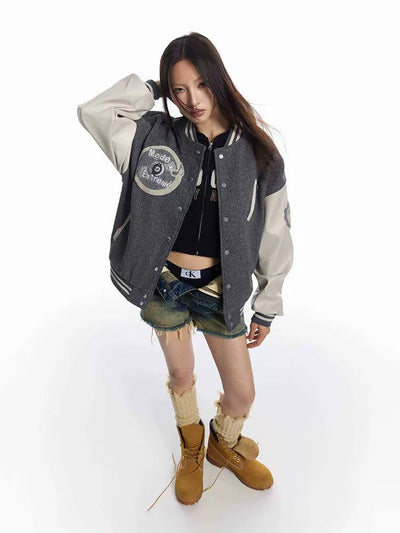 Stitched Logo Detail Varsity Jacket Korean Street Fashion Jacket By Made Extreme Shop Online at OH Vault