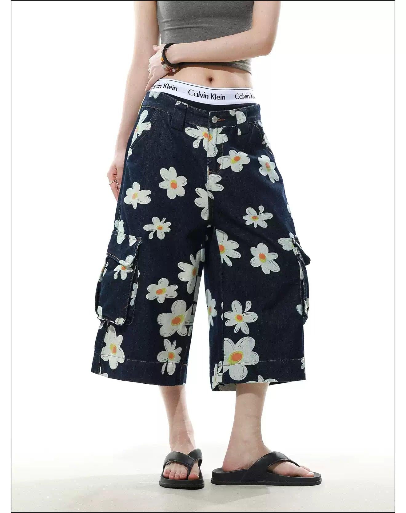 Flower Pattern Cargo Denim Shorts Korean Street Fashion Shorts By Mr Nearly Shop Online at OH Vault