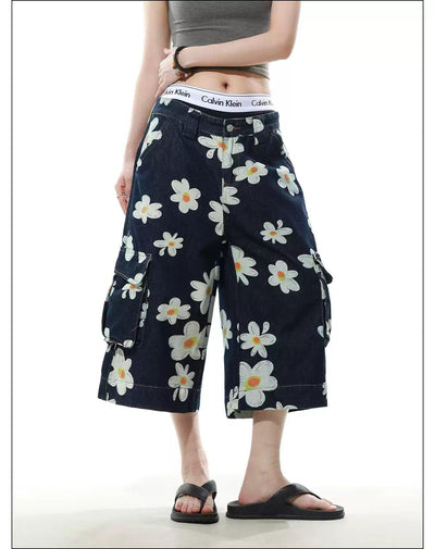 Flower Pattern Cargo Denim Shorts Korean Street Fashion Shorts By Mr Nearly Shop Online at OH Vault
