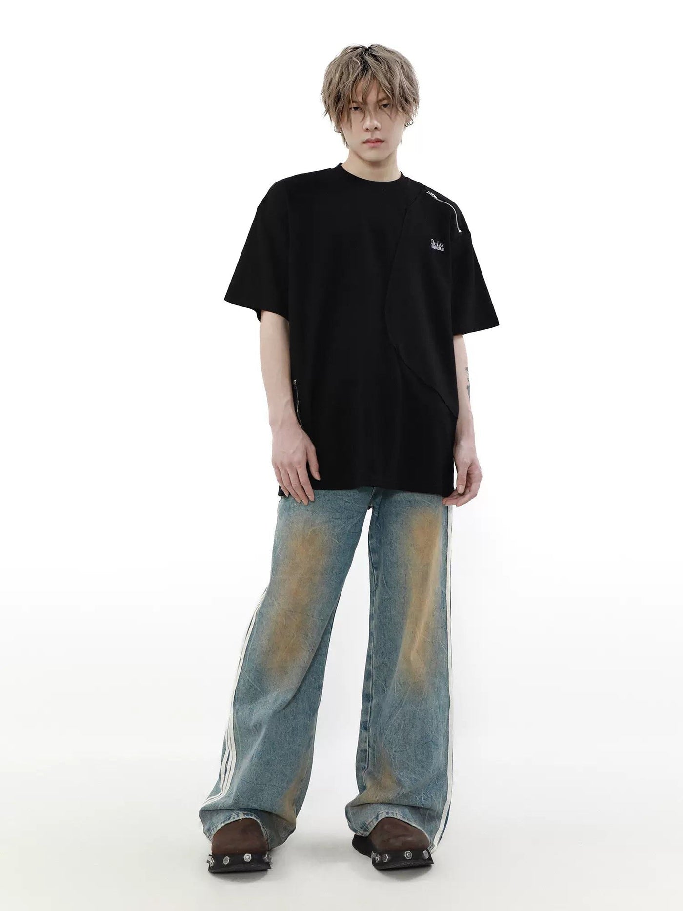 Minimal Shoulder Side Zip T-Shirt Korean Street Fashion T-Shirt By Mr Nearly Shop Online at OH Vault