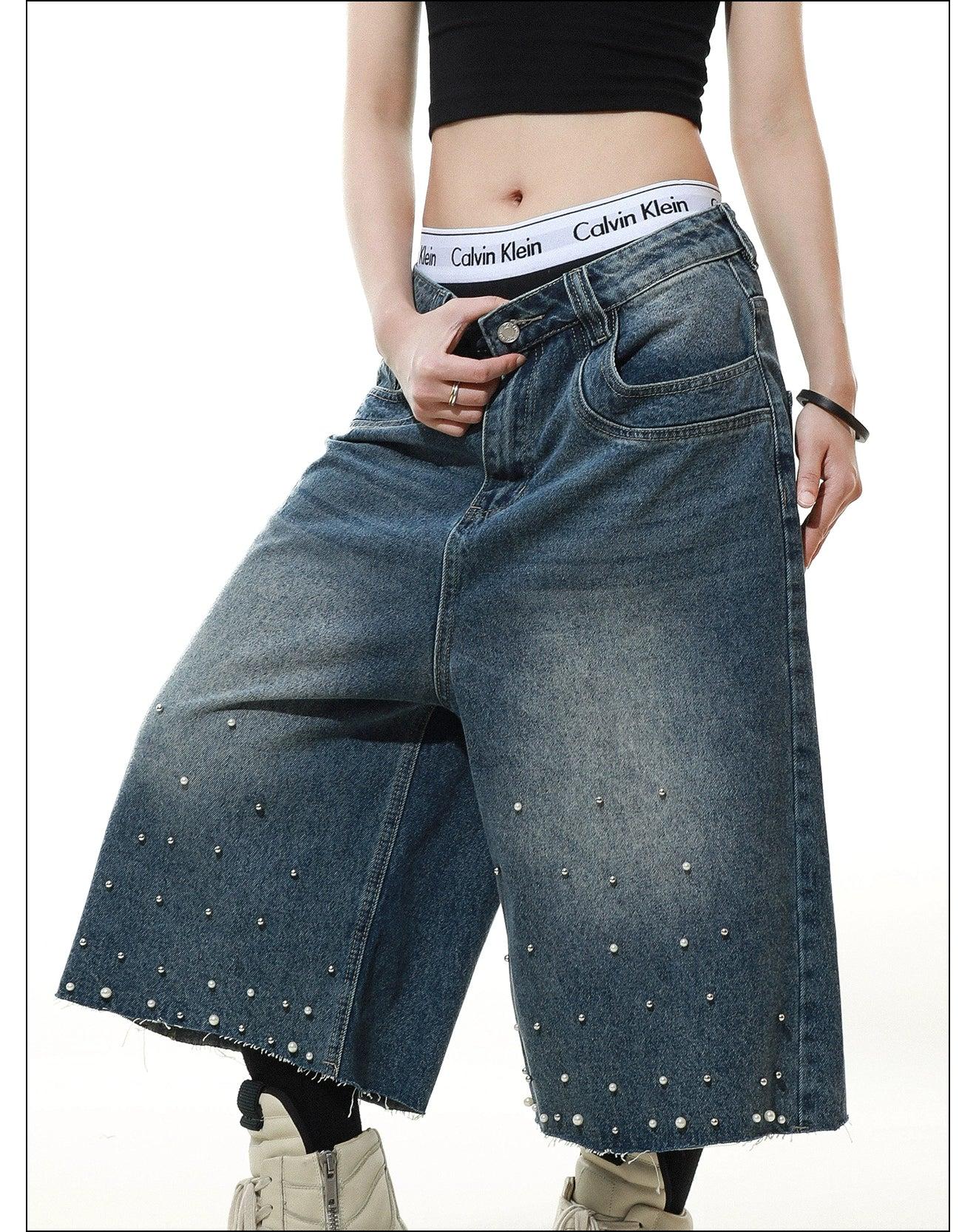 Pearled and Faded Denim Shorts Korean Street Fashion Shorts By Mr Nearly Shop Online at OH Vault